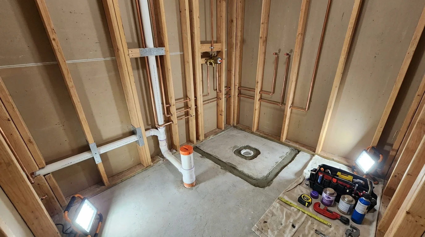 Bathroom rough-in plumbing during remodel by Johns Plumbing LLC in Altoona