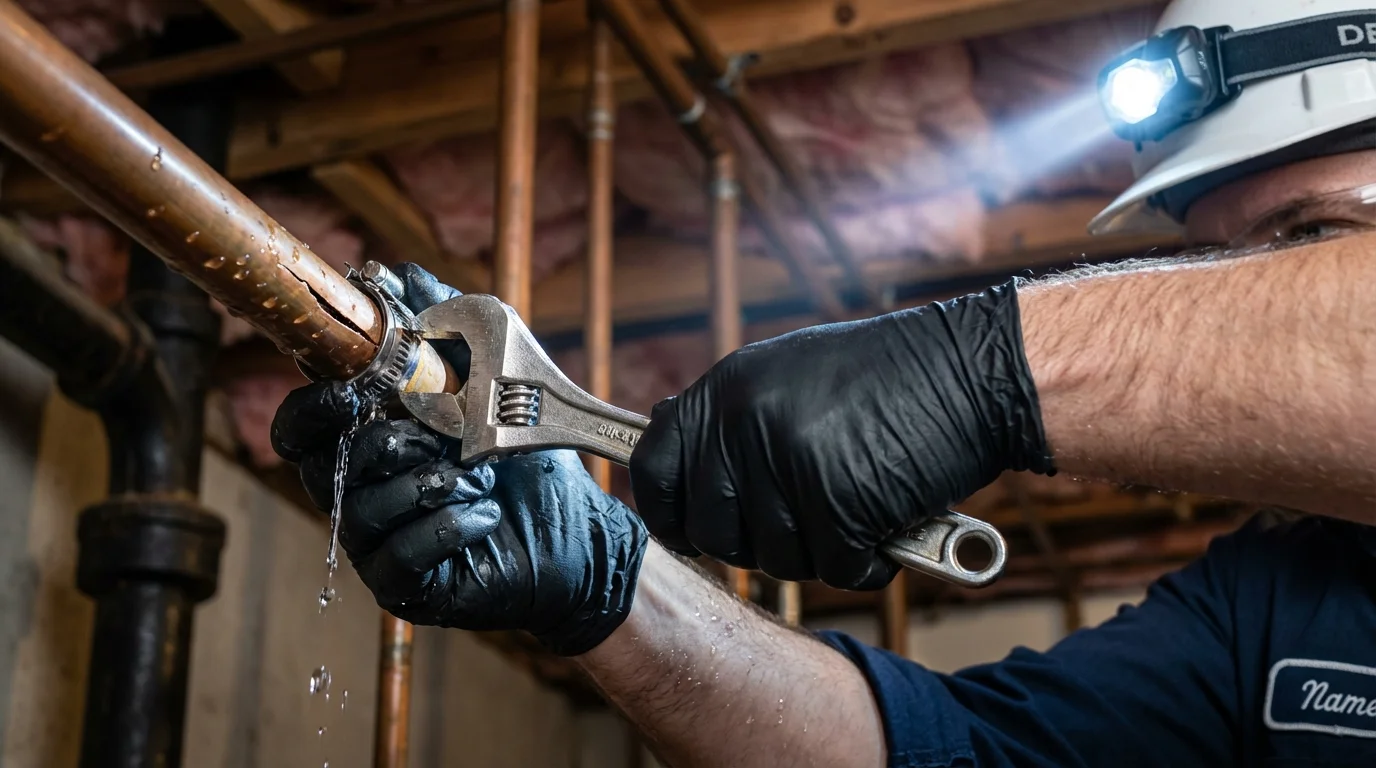 Emergency pipe clamp repair being performed by a Johns Plumbing LLC plumber in Altoona