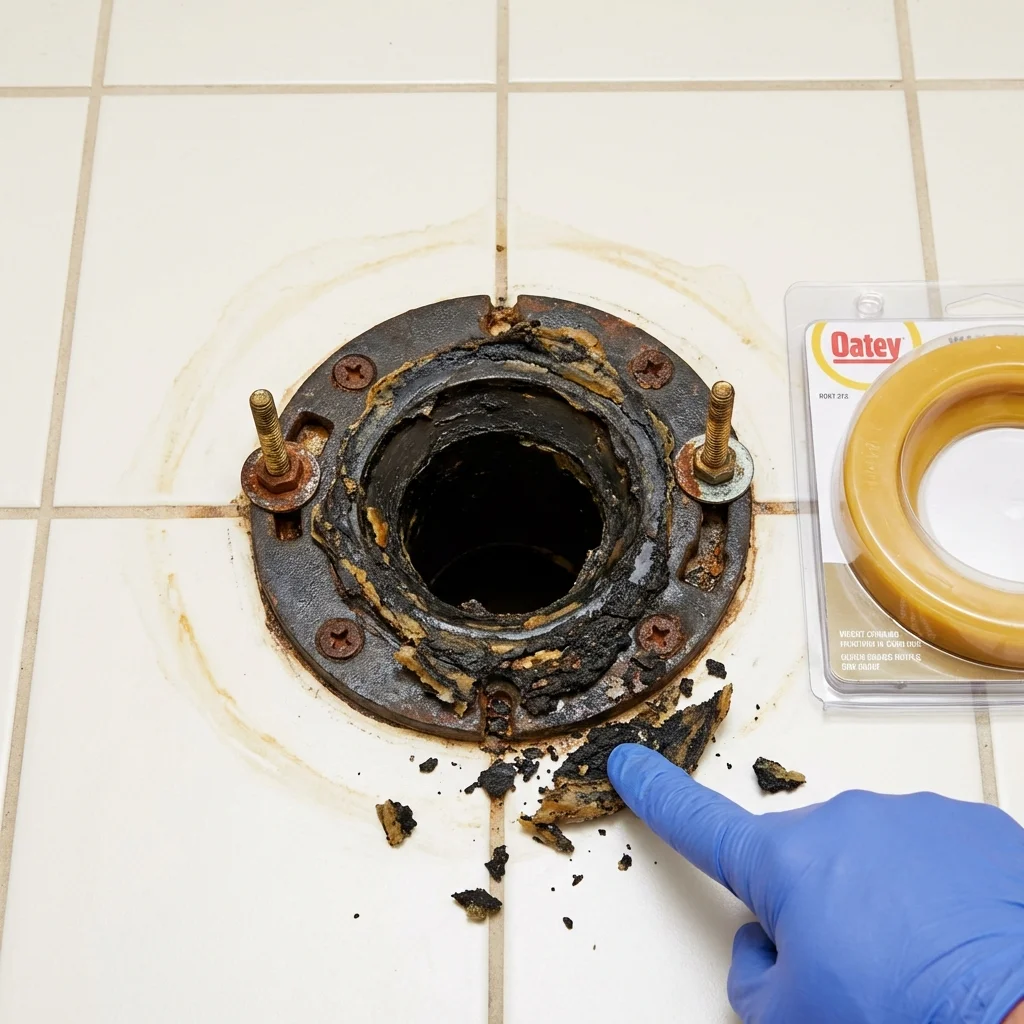 Failed wax ring showing water seepage at the base of a toilet in a Altoona, IA home