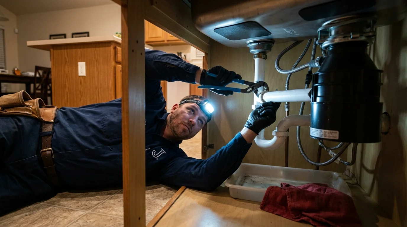 P-trap and supply line connections under a kitchen sink showing a common leak point in Altoona, IA